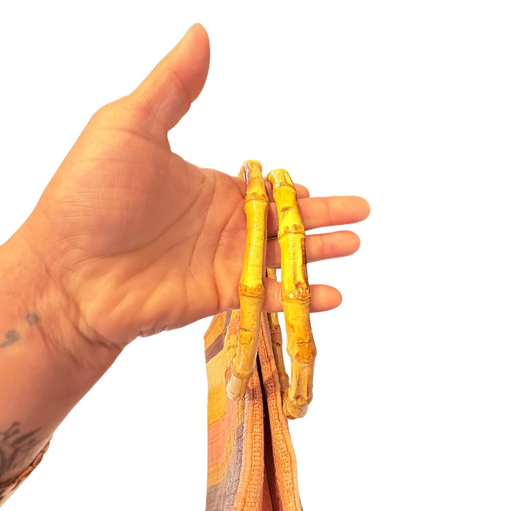 Flora Bella Striped Orange, Yellow & Brown Woven Tote with Bamboo Handles *read* - Picture 4 of 12